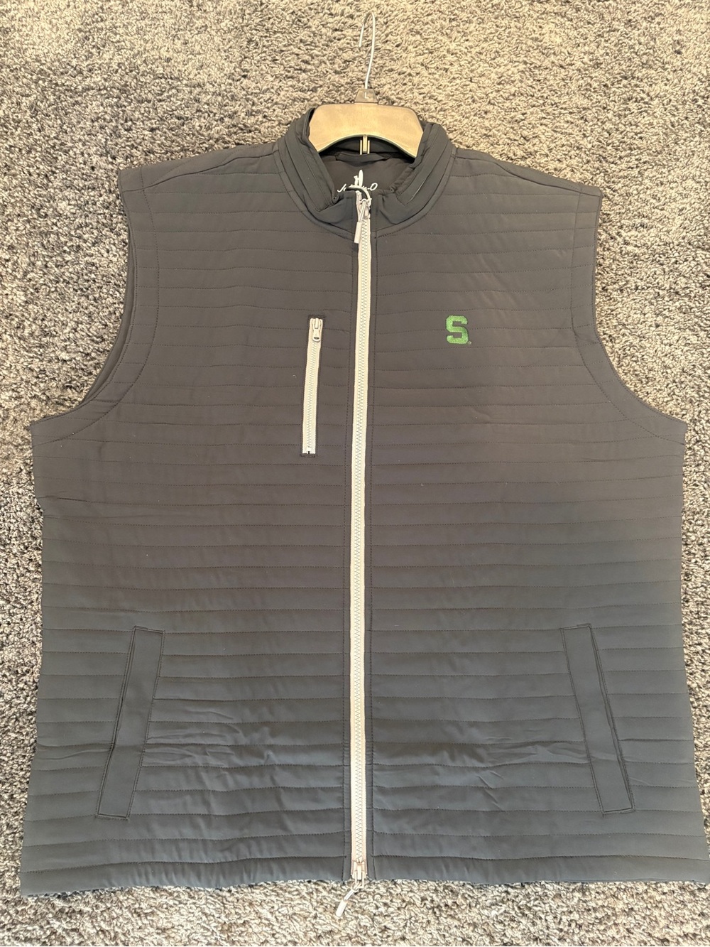 johnnie-O Men's Quilted Vest in Black with Green Spartan “S” Logo